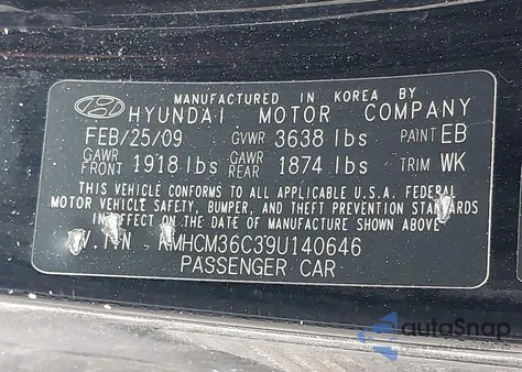 2009 Hyundai Accent Gs z USA, uszkodzony, nr VIN KMHCM36C39U140646